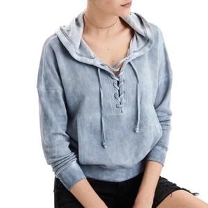 American Eagle Outfitters Acid Wash Blue Velour Lace Up Hoodie M